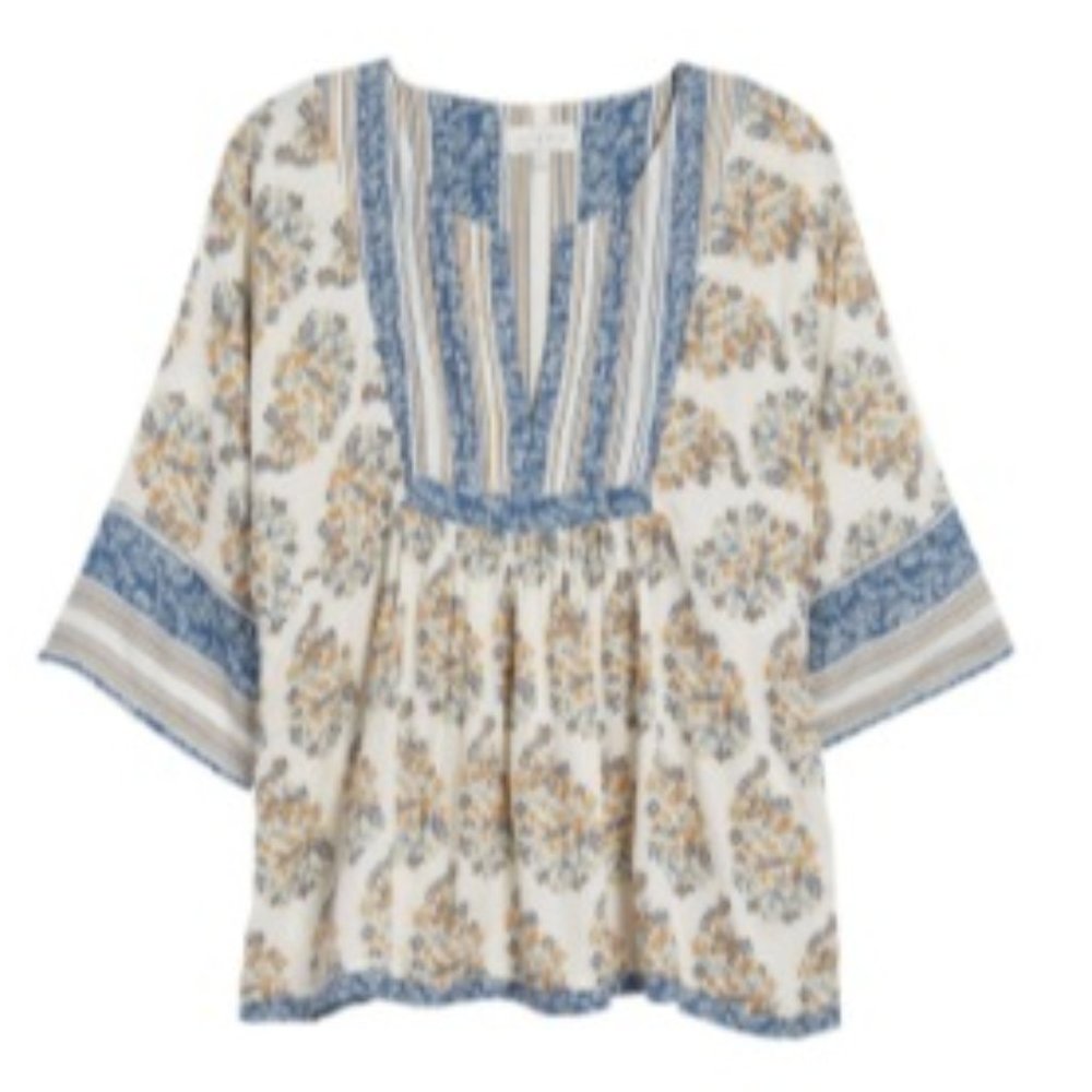 Lucky Brand Women's Mixed Print Natural Multicolor Peasant Top Size S/P NWT - Picture 3 of 16